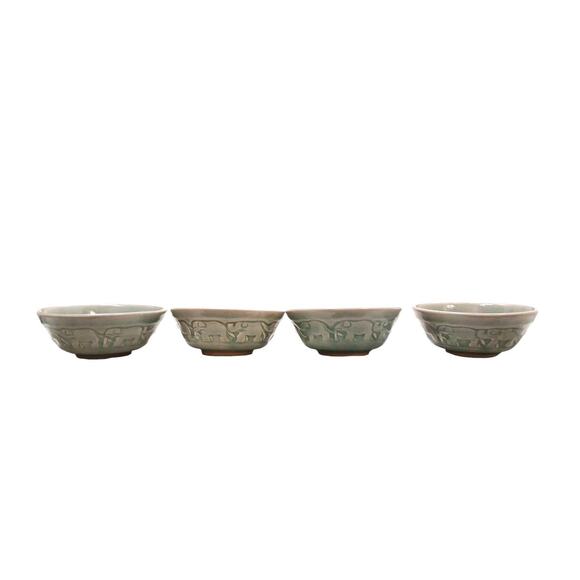Set of 4 Baan Celadon ELEPHANTS Soup Bowls Green Glaze Pottery Rice Thailand - Picture 2 of 16